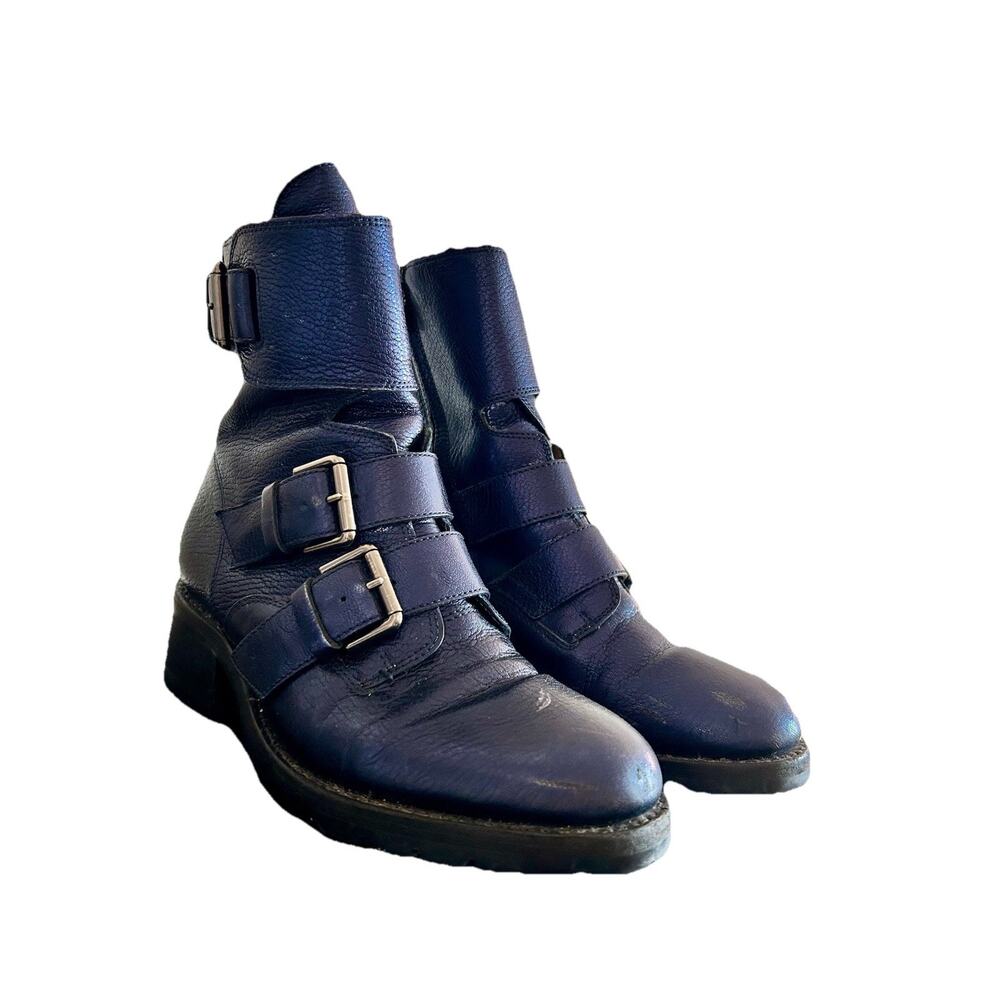 Free Lance Blue Iridescent Pebbled Leather Triple Buckle Moto Biker Boots 37